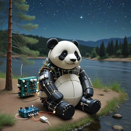 Transistors style, a cute panda bear resting near a river, pine trees around the river made Transistors, at night, starry sky,