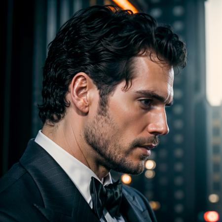 face portrait of henrycavill person using a tuxedo, in blade runner, professional photography, high resolution, 4k, detailed photo,     <lora:henrycavill_112050:1>