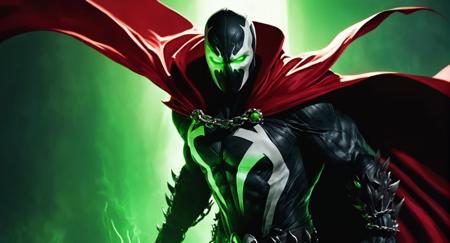 concept art of (Cinematic Film stock footage style) in (arri alexa style) (Kodak film print style),
 <lora:Spawn:1>
Spawn a man with a living symbiotic costume and a red cape and a chain around his neck and glowing green eyes, digital artwork, illustrative, painterly, matte painting, highly detailed