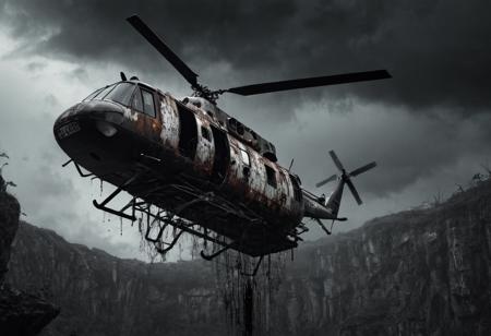 horror-themed A rusted helicopter flying around a fantastic modern house in a cliff in the middle of a storm, mostly black and white, swamp, shadowy creatures, eerie, unsettling, dark, spooky, suspenseful, grim, dark  themed background.
