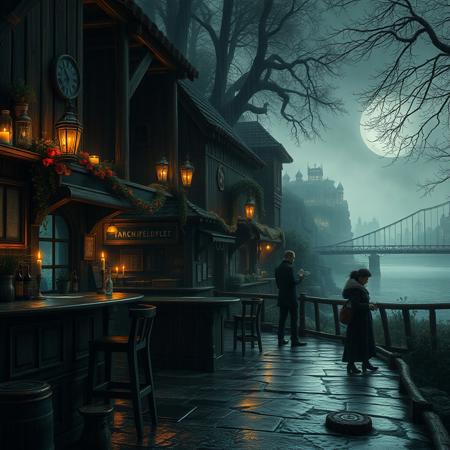 (masterpiece hyperrealisitic, medium format camera shot, fantasy concept art 8k, high quality, detailing, textures)  Imagine a spooky atmospheric perfect fantasy tavern with cozy candle light, rain reflections, by the river, ( in the background a large fantasy hyperrealisitic bustling port town city metropolis sprawls), nestled between a verdant, ancient forest, encircled by cliffs and city bridges across the river used for logging, taking it to the perfect pirate ships and the crashing waves of the vast, unexplored ocean.