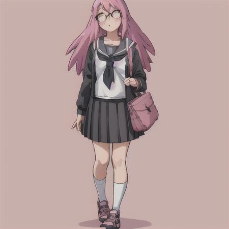 popstep, 1girl, solo, long hair, blush, skirt, simple background, shirt, long sleeves, holding, school uniform, standing, full body, pink hair, pleated skirt, shoes, glasses, serafuku, socks, black skirt, sailor collar, bag, neckerchief, kneehighs, black shirt, pink background, white socks, sneakers, walking, school bag, black serafuku, pink footwear, holding bag, opaque glasses  <lora:PopStepLoRA-10:0.9>