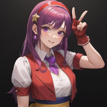 (masterpiece, best quality:1.2),illustration,8k,hd,1girl,solo,upper body,(portrait:1.2),breasts,gloves,purple eyes,fingerless gloves,purple hair,hairband,long hair,red hairband,jewelry,skirt,earrings,hair ornament,smile,star hair ornament,short sleeves,sash,puffy short sleeves,vest,shoes,pantyhose,<lora:Asamiya Athena-97:0.7>,