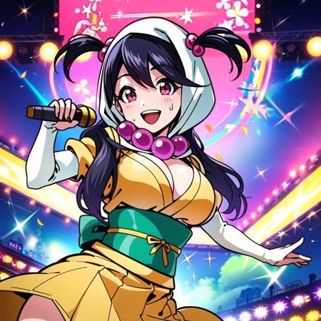 masterpiece, best quality, (1girl, solo),(line;1.4),
kanetsuki amane, 1girl, solo, beads, hood, necklace, two side up, japanese clothes, long hair, black hair, jewelry, prayer beads, bead necklace, smile, geta, breasts, kimono, hair bobbles, sash, twintails, pink eyes, purple eyes, cleavage, tabi, platform footwear, obi,
<lora:KanetsukiAmane:0.65>
one eye closed, 
((((( stage, cowboy shot , dynamic pose, looking at viewer, singing, microphone, holding,))))) ,sweaty,blush, 
 <lora:add_detail:0.2>