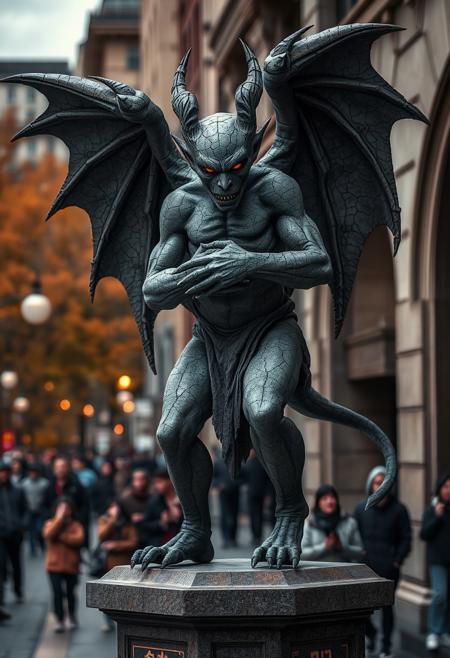 modern-day gargoyle, street performer posing as a statue, urban setting, stone-like skin, intricate details, cracked texture, humanoid gargoyle, standing on a pedestal, realistic costume, wings folded, intense facial expression, deep shadows, high contrast lighting, fall colors in the background, glowing eyes, weathered stone appearance, detailed architecture, city street, crowds in the background, urban landscape, high detail, fantasy realism, mystical atmosphere, surreal proportions, subtle movement, highly detailed, glowing symbols on the pedestal, surreal urban statue