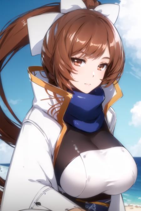 (day:1.7), cloud, beach,blue sky,
Standing at attention,
jacket,wide sleeves,White_uniform,White_outfit,(Pants),black legwear,japanese clothes, blue scarf,
<lora:Aya_Kujyou_Final_Gear-KK77-V2:0.85>,
brown eyes, brown hair,bangs, Long_hair, Red_eyes,ponytail, white ribbon,
1 girl, 24yo,mature female,Beautiful Finger,Beautiful long legs,Beautiful body,Beautiful Nose,Beautiful character design, perfect eyes, perfect face,
looking at viewer, in the center of the image,focus on face,
NSFW,official art,extremely detailed CG unity 8k wallpaper, perfect lighting,Colorful, Bright_Front_face_Lighting,
(masterpiece:1.0),(best_quality:1.0), ultra high res,4K,ultra-detailed,
photography, 8K, HDR, highres, absurdres:1.2, Kodak portra 400, film grain, blurry background, bokeh:1.2, lens flare, (vibrant_color:1.2)
(Beautiful,Large_Breasts:1.2), (beautiful_face:1.5),(narrow_waist),