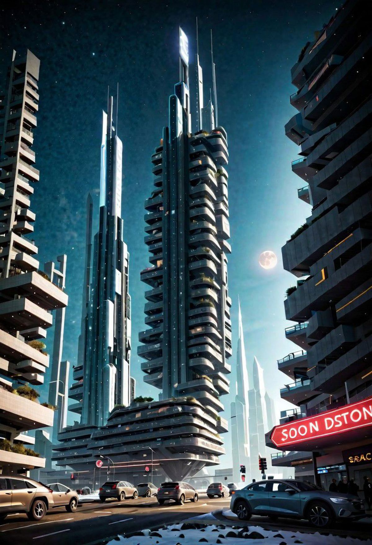 Futuristic cityscape with skyscrapers and a neon sign.