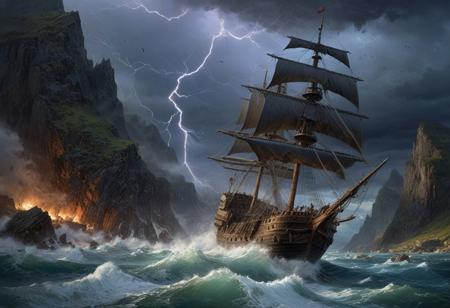 Night Landscape oil painting where the storm is the focal point. The storm dominates the skyscape while in the foreground a flying ship is battered by the winds. To spindly metal spires stand resolute in the face of the coming storm, built within a steep mountain pass. ((Highest quality:1.0),(High resolution:1.0), (masterpiece:1.0), (overview:0.6), beautiful and aesthetic:1.3), extreme detailed, colorful, highest detailed,((ultra-detailed)),(highly detailed CG illustration),((Gloomy and Dark Atmosphere)),,
