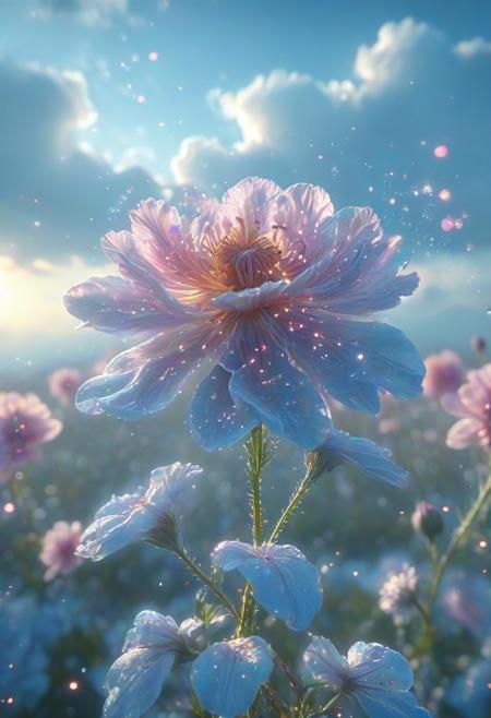 masterpiece,best quality,amazing quality,sharp focus,ray tracing,Cinematic Lighting,HDR,intricate details,absurdres,concept art,sky,cloud,depth of field,blurry background,wallpaper,(flower:1.2),glowing particles,magic