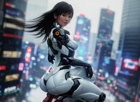 a 3d render of Standing pose of a japanese cyberpunk mecha musume flowing hair squatting from above, tokyo city  scene, snow falling, wet skin serious look, full lips,   specular lighting, hdr, masterpiece, 8K, global illumination, bokeh, sun rays, city background, year 3024