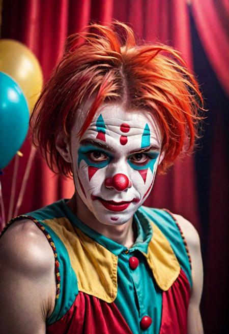 Portrait Photo a portrait, natural and hyperdetailed photography, young clown man, 
in pist in circus, realistic colorid hair, makeup sad clown,  looking straight to camera, sweaty, very accurate photo, suspiria, very detailed clown Clothes, smiling , (laughing:1.2) (precise image:1.4) , pale skin,(many details in background)(cinematic ambient:1.4)