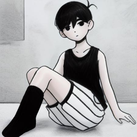 black and white, solo, portrait, (sitting), sad,  <lora:omori-v1-000010:0.7>