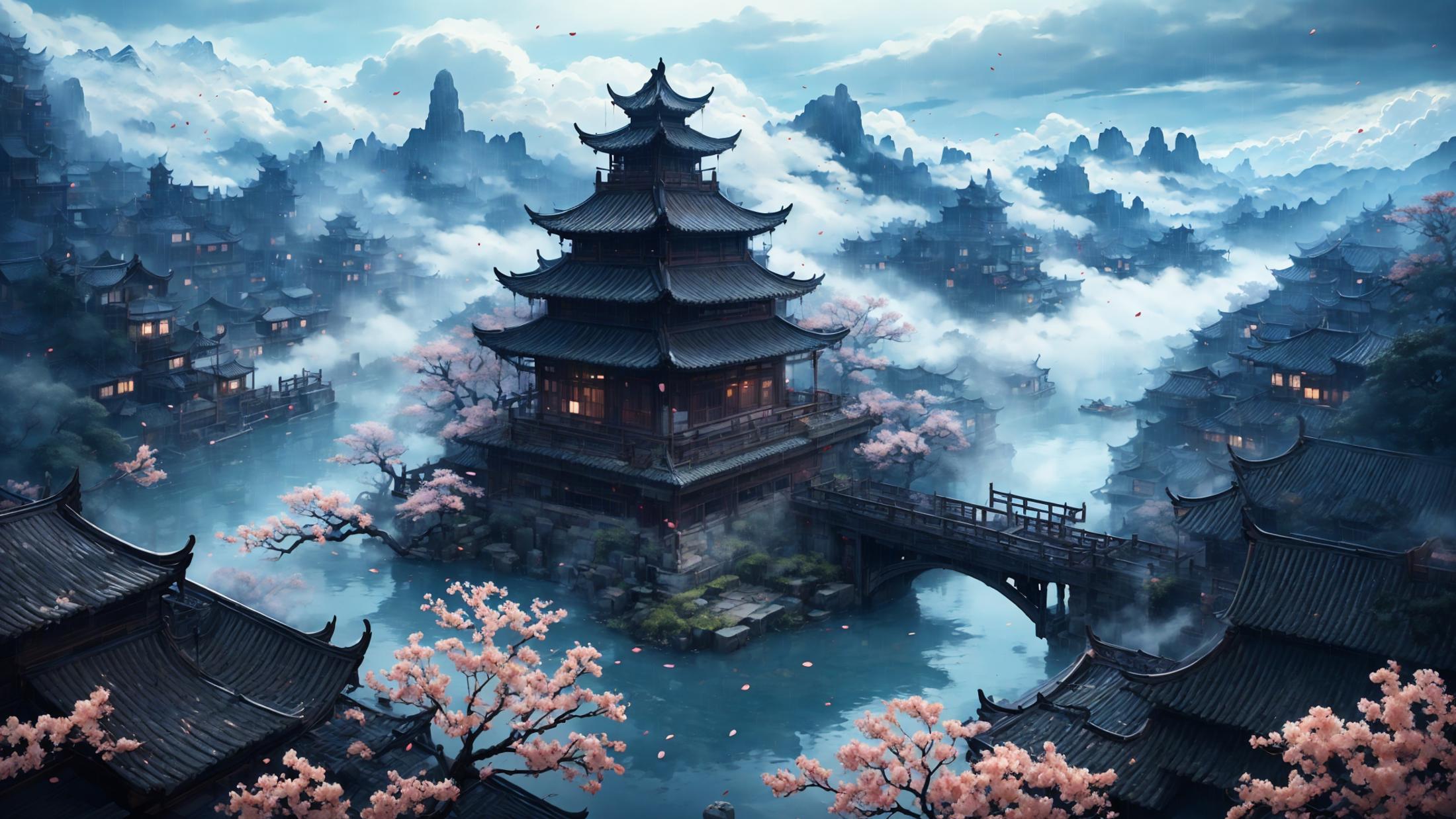 A beautiful painting of a Japanese temple with a bridge over water.