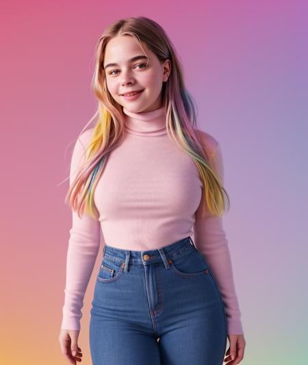 <l1n4c0s2>,  ((Colorful background)), close portrait photo, Spectacular light, 8k, soft lighting, high quality, breast, top, Mini-skirt, upper body, (Turtleneck), Turtleneck, smile, jeans, Colorful background, Colorful background