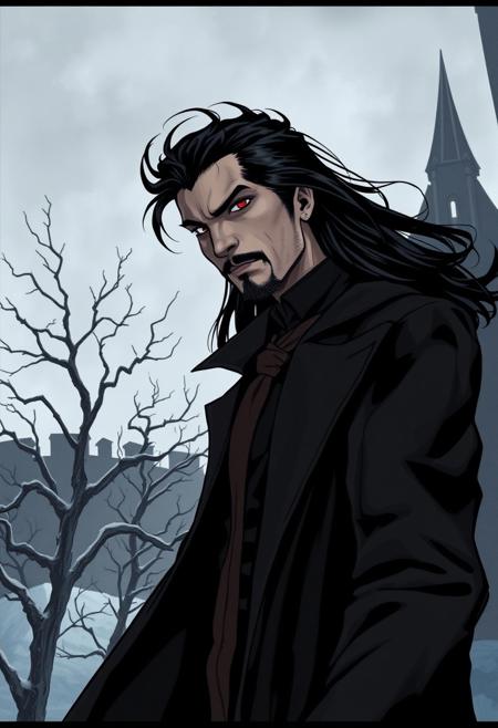 A male vampire with long, flowing black hair and piercing red eyes stands in the shadowy depths of a dark castle. His face is adorned with a rugged goatee and a hint of stubble, adding to his mysterious allure. He wears a long, black coat that billows in the cold wind, contrasting sharply against a brown tie and a dark shirt. In the background, barren trees stretch towards a grey sky, their twisted limbs devoid of leaves, setting a chilling winter scene. The atmosphere is heavy with a sense of darkness and ancient power. Semi-realistic comic gothic style.
