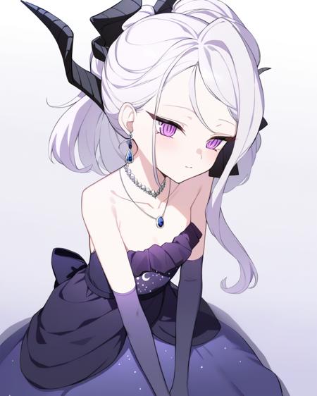 <lora:hina_(dress):1>,hina,1girl,solo,ponytail,elbow gloves,purple dress,black gloves,black dress,strapless dress,earrings,necklace,alternate costume,