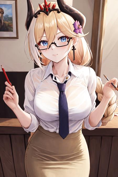 masterpiece, best quality, highres, 1girl blue eyes hair flower horns earrings braided ponytail tiara <lora:durandal_nibelungen_traumlied_no_outfit:1> white shirt, necktie, pencil skirt, glasses