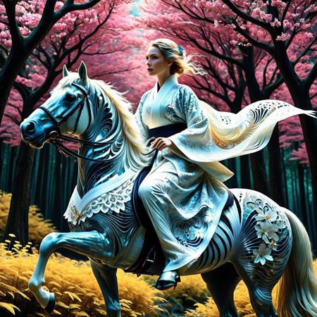 Fractangles, made out of fractangles, A breathtaking cinematic tableau: an intricate lacework of fractangles shapes the form of a striking white woman—Alexandra Roland—clad in an oversized, flowing kimono. She rides gracefully atop a majestic horse, surrounded by trees that bloom like ethereal Japanese flowers. The composition, elegant and surreal, feels lifted from a fantasy painting by Gianloch Leiart, curated with the precision of Albert Itzweizman. Rendered with the texture of vintage 2000s RAW film, the scene is soaked in cinematic color grading, sharp focus, and dynamic movement. Film grain adds depth and authenticity, while the widescreen cinemascope format frames every detail in high contrast. The moment is photorealistic, natural, and dreamlike—an exquisitely crafted, high-budget visual symphony in extreme quality, Masterpiece level quality, soft lighting, sharp focus, fine details, high quality, precise, high resolution, 4k, 8k,