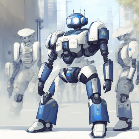 anime Robot Police standing in the Street (MechaLabor style:1) <lora:djzMechaLabor:0.8)