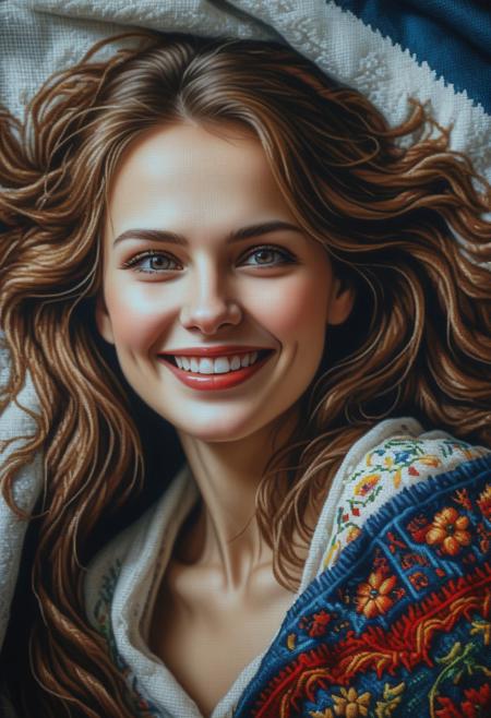 cross stitch on the blanket. a portrait of a gorgeous  a Russian woman . she smiles. . the contradictory combination of colors emphasizes the beauty of the face. impossible clothes complement the image in the portrait. dramatic lighting, gaze, savage manners, fantastic realism, dynamic composition, mythical creature of beauty and energy, creative transformation, epic adventure, thrilling narrative, otherworldly charm