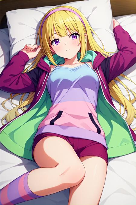 kei karuizawa, yellow hair, long hair, ponytail, scrunchie, purple eyes, school uniform, red jacket, blue bow, white skirt,