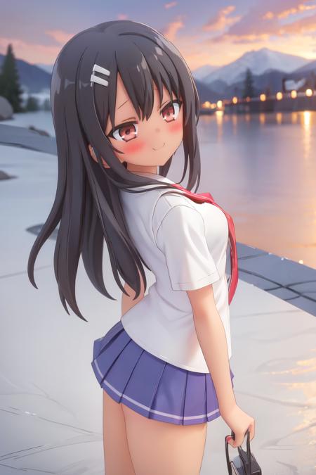 nagatoro,black hair,brown eyes,long hair,hair ornament,smile, hairclip,1girl,blush,dark skin,shirt,dark-skinned female,brown hair,white shirt,solo,fang,earclip,school uniform,looking at viewer,skin fang,skirt