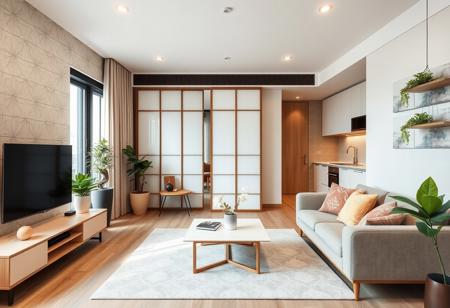 Design a 36m² apartment that blends modern Japanese, Indonesian/Javanese, and Scandinavian styles. The living room includes compact, space-saving modern furniture, such as a minimalist sofa and sleek, multi-functional coffee table. Scandinavian textures, like light-toned matte finishes and clean, smooth surfaces, replace wood textures. The walls feature pastel modern art-inspired wallpaper with geometric designs. The kitchen has pastel-colored cabinetry with Scandinavian minimalist finishes and integrated storage solutions. A shoji-style partition with Javanese batik patterns separates the areas. The decor includes sleek Scandinavian elements, indoor plants, and a three-color pastel palette of light neutral tones, soft off-white, and pastel accents like mint or blush