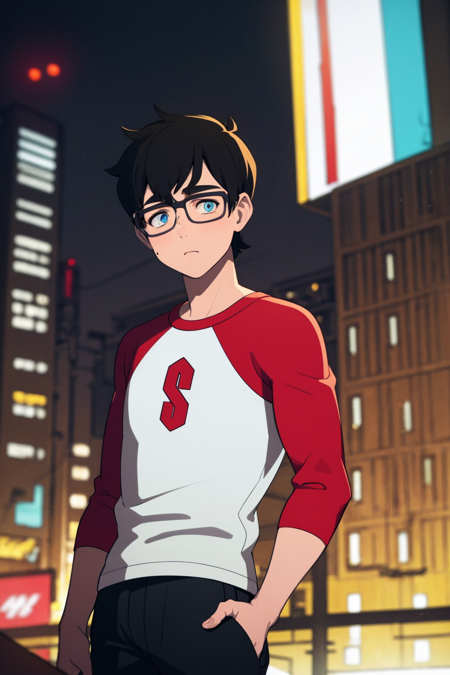 masterpiece, best quality, 1boy, black hair, short hair, blue eyes, glasses, shirt, raglan sleeves, pants, solo, upper body,  looking at viewer, cyberpunk, solo, neon light, night, cyberpunk city background <lora:YoungClark:1>