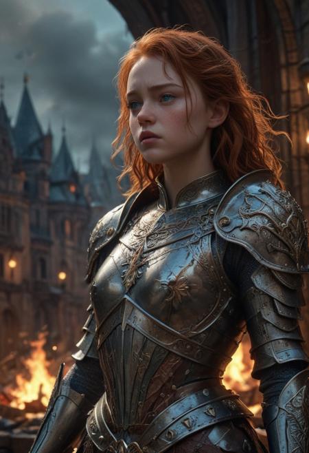 High resolution ultra-realistic of Beautiful Warrior Sadie Sink as Joan of Arc, 8k, capturing the intensity of the moment, cinematic lighting, standing on a bloody and stormy battlefield in bloody battle, wavy red hair, realistic dirty pale face, realistic blue eyes,  beautiful hourglass figure, burning in a medieval Town, intricately designed iron and silver armor, Dark Ages Aesthetic, perfect athletic figure, beautiful Warrior Joan of Arc, fire, ultra realistic, cinematic style, vigorous and seductive, athletic figure, dark fantasy, dramatic lighting, wet and sweaty skin, dirty skin, athletic figure, dark fantasy, dramatic lighting, Greg Rutkowski style,, Warrior Joan of Arc on in iron armor, hyper-detailed, hyper-realistic, bright colours, Attractive 21 old years girl, Attractive, beautiful firm Breasts, sharp focus, digital painting, Photograph Taken on Nikon D750, Alphonse Mucha, 8K, athletic figure, Hyperdetailed, hyperrealism, Attractive, Attractive bust girl, asymmetric balance