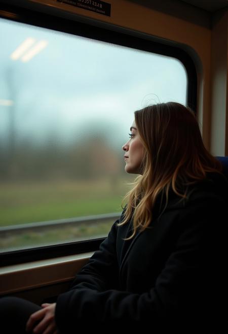 act1vate, behind_obscure_glass, a woman sitting on a train with the angle of the shot taken at 45 degrees. the woman is staring out in to a frosted glass window out at the scenery as it passes by.