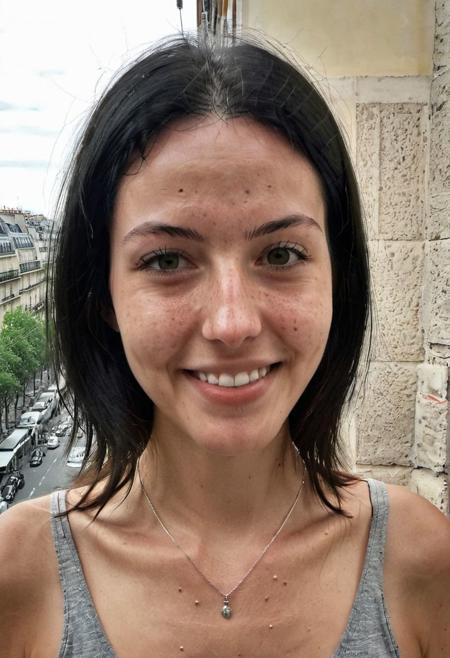 instagram selfie, 2/3 portrait , a 23 year old gorgeous skinny  woman , happy relieved smile, sweaty and exhausted, detailed skin face and eyes ,  long black hair, wearing a silver necklace, film grain, low contrast, natural face , freckles , black hair , green eyes, dark circles under eyes, in a cute apartment in paris, natural lighting, hard nipples
