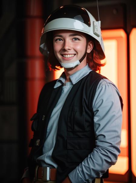 1woman,  red hair woman in rebel trooper uniform <lora:rebeltrooperv01:1> smiling, RAW photo, 8k uhd, dslr, soft lighting, high quality, film grain, Fujifilm XT3