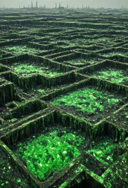 A vast, unsettling industrial landscape photographed in Gursky's signature ultra-high-resolution, large-format style, showing an endless expanse of toxic crystalline formations. The scene captures hundreds of jade-like toxic crystal structures emerging from contaminated soil, their translucent green surfaces catching and refracting light in an eerily beautiful way. The composition employs Gursky's characteristic elevated perspective and flattened depth of field, creating a pattern-like repetition that stretches to the horizon. Toxic pools of luminescent green liquid separate the crystal formations, their surfaces reflecting a sickly glow into the hazy atmosphere. Industrial structures and abandoned chemical tanks dot the background, their rusty surfaces contrasting with the pristine, geometric forms of the waste crystals. The photograph maintains hyper-realistic detail throughout, with every crystal facet and toxic droplet rendered in sharp focus. The color palette centers on various shades of toxic green, from deep emerald to sickly chartreuse, with undertones of industrial grays and browns. Natural light filters through a chemical haze, creating an otherworldly atmosphere.