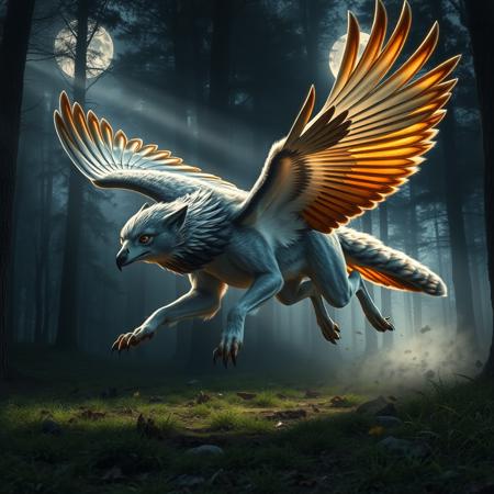 hyperrealistic art a wolf-falcon hybrid with sleek, fur-covered wings and sharp talons, running across a moonlit forest clearing as beams of silver light break through the dense canopy. extremely high-resolution details, photographic, realism pushed to extreme, fine texture, incredibly lifelike