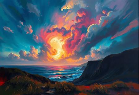 RHADS' depiction of a magical mana phenomenon in the sky over the coast, Vivid, Fantasy, Broad brushstrokes, Painterly, Epic, Moody.