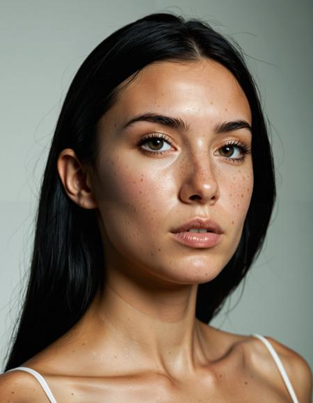 A photo realistic shoot from a close-up camera angle about a portrait of a young woman with long black hair and freckles, looking directly at the viewer with a neutral expression. the image also shows soft lighting, soft shadows, and high contrast. on the middle of the image, a 20-year-old woman appears to be in her early twenties, with fair skin, and a slender physique. she is wearing no clothing, and her hair is styled in a straight, black hair. her eyes are large and expressive, with a hint of green, and she has a small nose and full lips. her lips are slightly parted, revealing a subtle hint of pink lipstick. her expression is neutral, with her eyelashes and nose slightly curved upwards. her body is bare, with no clothing or accessories visible. the background is dark, and the lighting is soft and diffused, casting gentle shadows on her face.