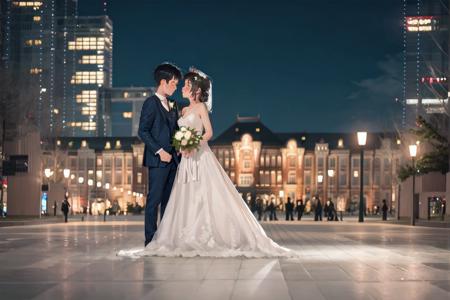 marunouchiekimaehiroba, lamppost, tree, scenery, outdoors, building, sky, clock, city, night, real world location, road, street, window, cityscape, pavement