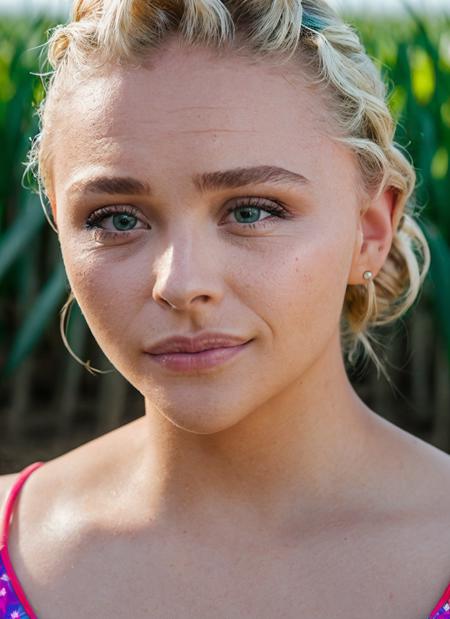 portrait of skswoman, skeptical , wearing beachwear , with platinum blonde Updo , background corn maze epic (photo, studio lighting, hard light, sony a7, 50 mm, matte skin, pores, colors, hyperdetailed, hyperrealistic), <lyco:Chloe Grace Moretz:1.1>