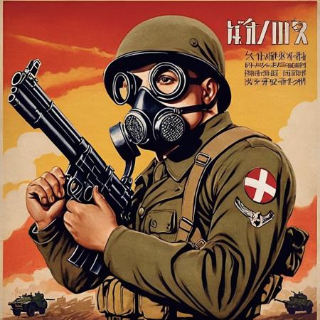 Counter-Strike 2,Create a photorealistic promotional poster featuring a 1930s special forces soldier wearing a vintage gas mask. The soldier should be in a dynamic pose, perhaps holding a period-appropriate weapon like a Thompson submachine gun. The background should evoke a 1930s war setting, possibly with trenches, barbed wire, or old military vehicles. The gas mask should look authentic to the period, with intricate details like filters and eye lenses. The soldier's uniform should also be historically accurate, complete with badges, patches, and other insignia. Dramatic lighting should highlight the soldier and create a sense of urgency and action. Text elements promoting the game, such as the game's title and tagline, should be prominently displayed in a font that complements the vintage aesthetic,<lora:oldjpposter:0.55>