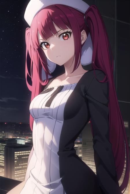 riruka dokugamine, long hair, twintails, (red eyes:1.5), purple hair, bangs, blunt bangs, thighhighs, hat, maid, long sleeves, gloves, dress, black dress, skirt, black skirt, collarbone,