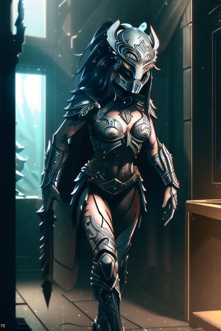 <lora:Yautja:0.7>,1girl,  woman,breasts,full body, little clothing, predator,helmet,insanely detailed and intricate, elegant, ornate, super detailed, cinematic light,ray tracing, volumetric lighting, octane render, 8k