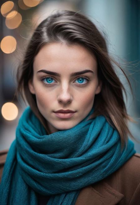 Close-up of a young woman's face partially obscured by a dark teal scarf, highlighting her striking blue eyes, long eyelashes, and well-defined eyebrows. The focus is sharp on her eyes with a soft bokeh background that creates a shallow depth of field. Her brunette hair frames her face, and the image has a cool color tone with a natural light setting. The composition is centered, creating an intimate and engaging portrait with a sense of mystery.