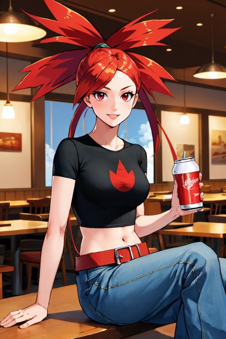 masterpiece, best quality, rseFlannery, black shirt, midriff, red belt, jeans, sitting, soda, indoors, restaurant, food, smile <lora:flannery-nvwls-v1-000010:1>