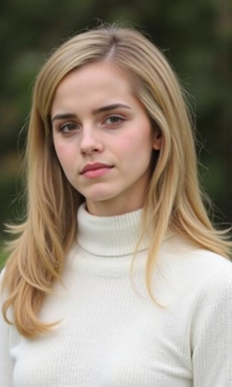 3mm4w, candid photo of a young woman with blonde hair wearing a white turtleneck sweater looking at the viewer, pensive expression