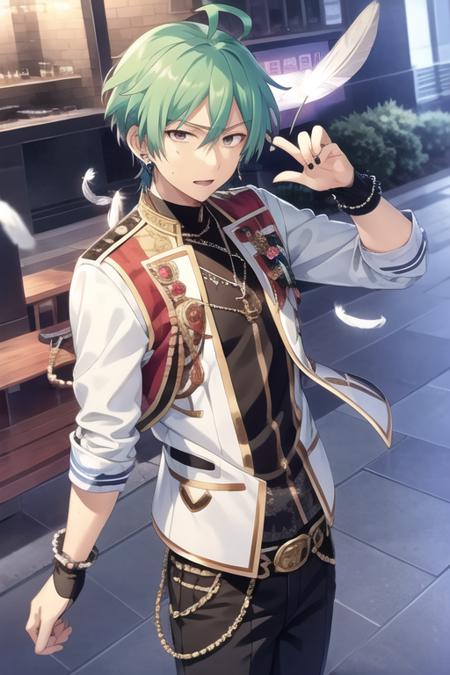 <lora:Tatsumi-04:0.7>, tatsumi kazehaya, solo, looking at viewer, short hair, 1boy, jewelry, purple eyes, ahoge, male focus, earrings, green hair, fingerless gloves, necklace, chain, feathers, beads