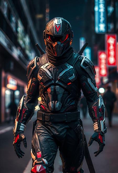 Space Ninja, futuristic, cybernetic sleek armor, high-tech helmet with visor, muscular, black, red, white, color palette, dark city street, night, high-tech laser/steel forearm blades, intricate, menacing walk, powerful, cybernetic aesthetic, high quality, UltraHD