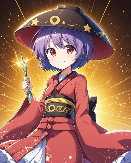 sukuna shinmyoumaru,1girl, bowl_hat, solo, holding_needle, obi, smile, wide_sleeves, long_sleeves, sparkle, miracle_mallet, red_kimono
<lora:sukuna_shinmyoumaru_image2500_2023-12-20-000006:1>,star-shaped_pupils,symbol-shaped_pupils,. gorgeous,key visual, vibrant, studio anime,award-winning, professional, highly detailed,high budget, cinemascope