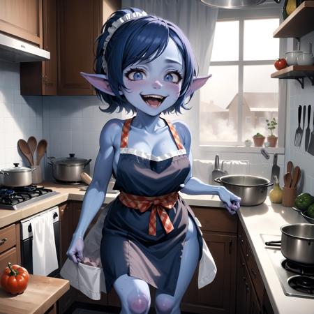 <lora:imp-xl-v1:1> blue imp
a woman in an apron in a kitchen making dinner happily, 8k, highly detailed, ultra realistic