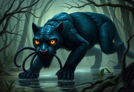 a huge scary panther stalking through a jungle, short fur, large yellow cat eyes, displacer beast, 2 tentacles, feline body, indigo fur, iridescent fur, 6 legs,
Background branches and vines, swamp