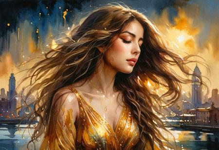 A gouache oil painting a golden exotic woman in a flowing dress accented by liquid gold splashes, her multilayered eyes sparkling in warm light. She has long wavy hair, her expression serious and eyes closed as if deep in thought. Set against a dark backdrop with hints of a distant cityscape, the scene exudes a mystical and ethereal mood, dripping in luxurious golden tones.
 easynegative, ral-wtrclr, .